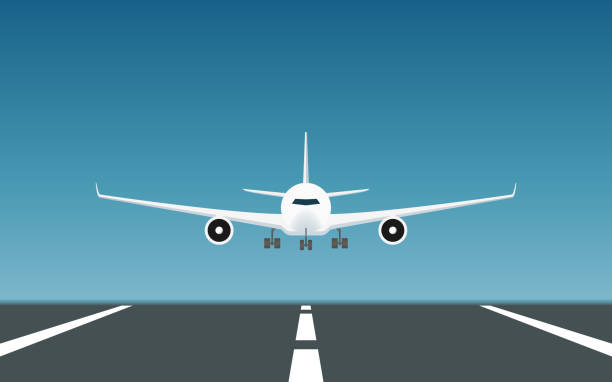 青い空を背景にフラット アイコン デザインの滑走路に着陸する旅客機 - 滑走路点のイラスト素材／クリップアート素材／マンガ素材／アイコン素材
