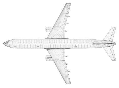 Passenger airplane wireframe isolated on white background. View from above. 3D. Vector illustration