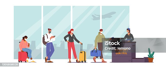 istock Passenger Characters in Medic Masks Stand in Queue Prepare Documents for Flight Registration in Airport Passport Control 1305858028