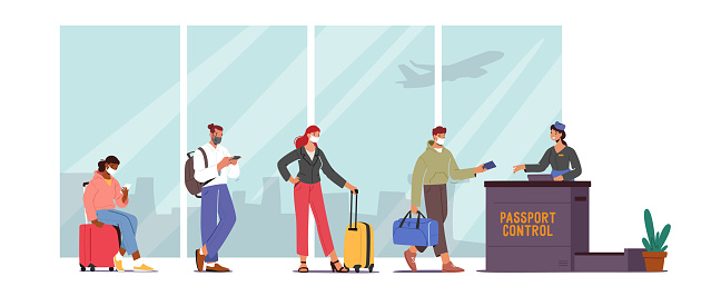 Passengers Characters in Medic Masks Stand in Queue Prepare Documents for Flight Registration in Airport Passport Control. Check in Boarding during Covid Pandemic. Cartoon People Vector Illustration