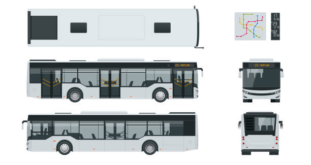 교통에 정체성과 광고 디자인을 브랜딩 승객 시티 버스. 빈 시내 버스 측면보기, 전면, 후면 및 위에서. 흰색 배경에 격리 된 빈 시내 버스 템플릿입니다. - 버스 stock illustrations