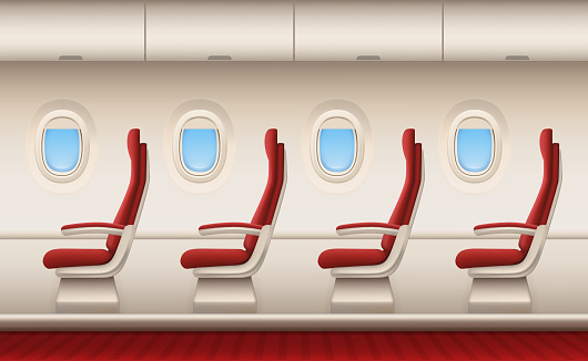 Passenger plane interior. Aircraft cabin with white closeup windows portholes plane inside comfort chairs vector realistic background