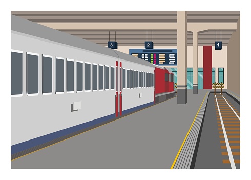 Simple flat illustration of passenger train stops at terminus railway station in perspective view.