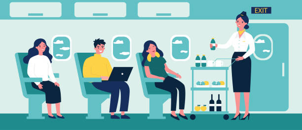 ilustrações, clipart, desenhos animados e ícones de passageiros em viagem aérea à espera de bebida - aeromoça