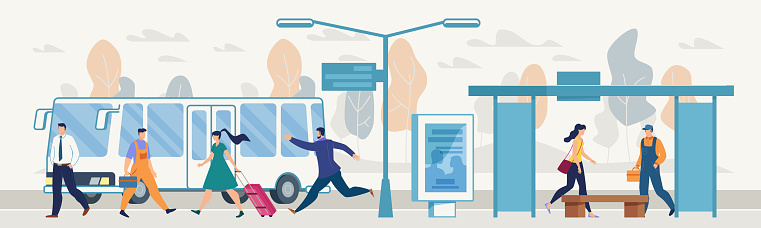 Passengers on City Bus Stop Flat Vector Concept