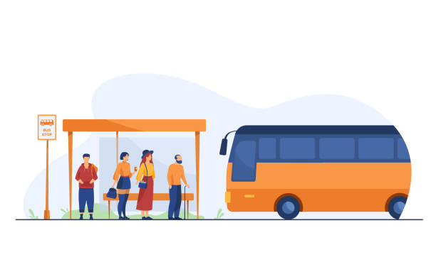 Passengers waiting for public transport at bus stop Passengers waiting for public transport at bus stop flat vector illustration. Cartoon characters using auto. Transportation and conveyance concept. bus stock illustrations
