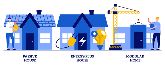 Passive and energy-plus house, modular home concept with tiny people. Innovative private construction technologies vector illustration set. Heating efficiency, reducing ecological footprint metaphor.