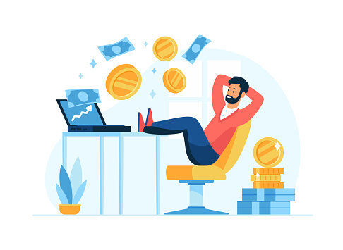 Passive income concept flat vector illustration. Male cartoon character businessman relax in chair while coins fly out of the computer. Easy money and investor concept