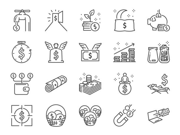 ilustrações, clipart, desenhos animados e ícones de conjunto de ícones de linha de renda passiva. incluídos os ícones como liberdade financeira, despesas, taxa, investimentos e muito mais - capitel