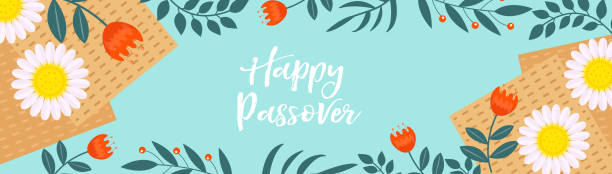 Passover banner. Pesach template for your design with matzah and spring flowers. Happy Passover inscription. Jewish holiday background. Vector illustration Passover banner. Pesach template for your design with matzah and spring flowers. Happy Passover inscription. Jewish holiday background. Vector illustration. passover stock illustrations