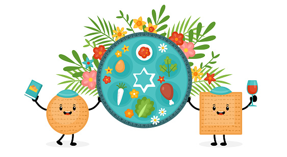 Passover holiday banner design with matzah funny cartoon characters and traditional seder plate.
