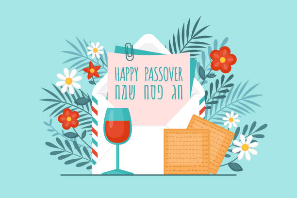 Passover holiday concept with envelope, matzah. wine glass and flowers. Text in Hebrew: "Happy Passover" Passover holiday concept with envelope, matzah. wine glass and flowers. Text in Hebrew: "Happy Passover" passover stock illustrations