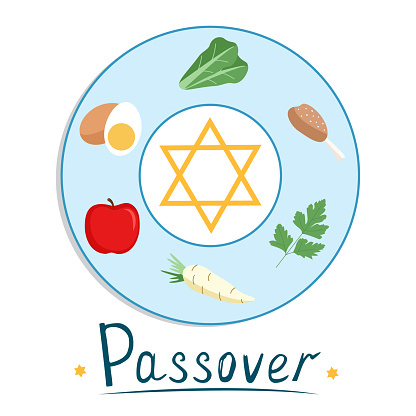 Passover holiday. Passover seder plate with flat traditional icons. Vector illustration