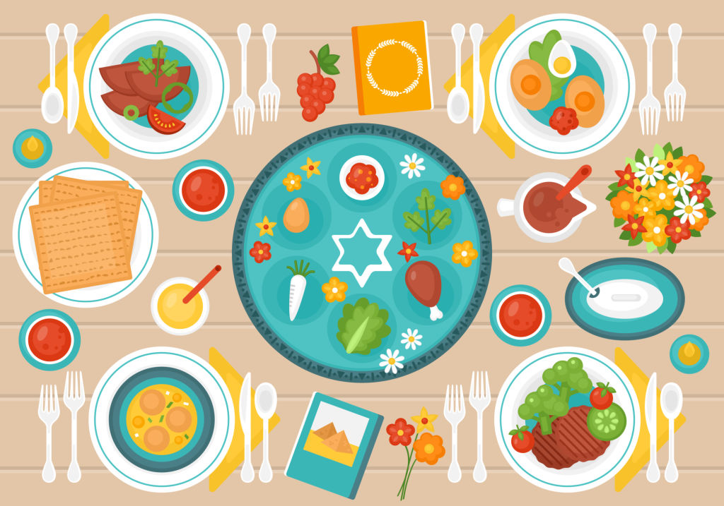 Passover holiday banner design with Seder plate, matzo and dinner table. Top view style.