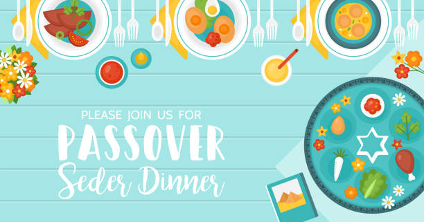 Passover seder dinner table Passover holiday banner design with seder plate, matzo and dinner table. Top view style. passover stock illustrations