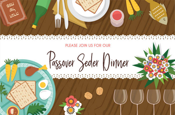 Passover Seder table with Seder plate and other elements-Vector Passover Seder table with Seder plate-Vector Illustration passover stock illustrations