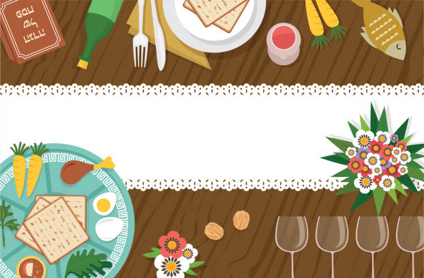 Passover Seder table with Seder plate and other elemnts-Vector Passover Seder table with Seder plate and other elemnts-Vector Illustration passover stock illustrations