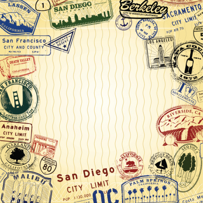Series of Stylized California landmark and and city signs. 