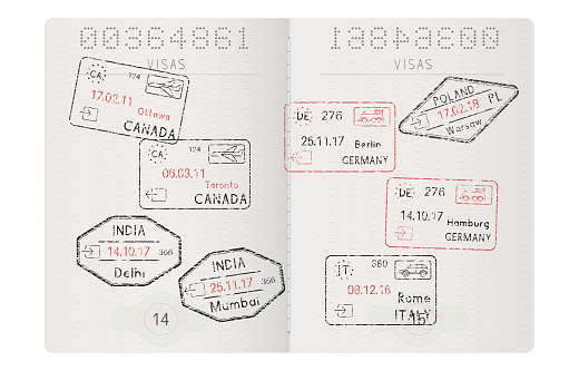 Passport pages with travel stamps. International tourism