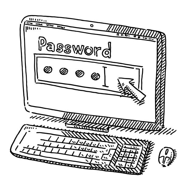 Password Protection Desktop Computer Drawing Hand-drawn vector drawing of a Password Protection Concept on a Desktop Computer. Black-and-White sketch on a transparent background (.eps-file). Included files are EPS (v10) and Hi-Res JPG. security drawings stock illustrations