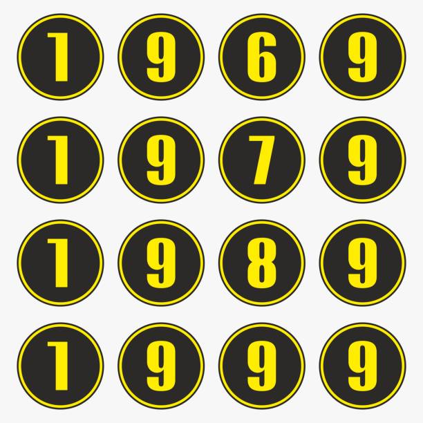 ilustraciones, imágenes clip art, dibujos animados e iconos de stock de años pasados con números amarillos en forma de círculo,1969,1979,1989,1999 vector. - 1980 1989
