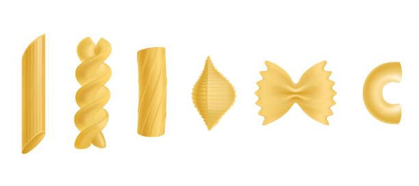 Pasta and macaroni isolated design elements set Pasta and macaroni set, dry penne, fusilli, rigatoni, conchiglie, farfalle, chiferri isolated on white background, design elements for food advertising Realistic 3d vector illustration, icon, clip art pasta clipart stock illustrations