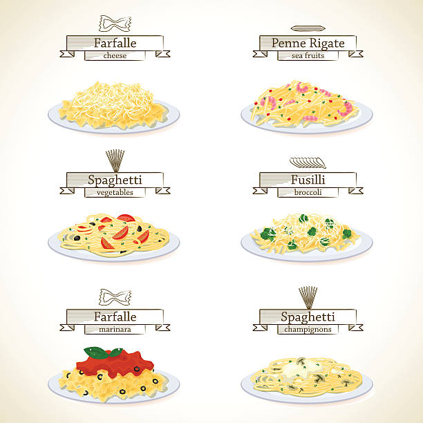 Pasta dishes set Pasta dishes set. Six plates of various pasta with sauces. EPS10 pasta stock illustrations