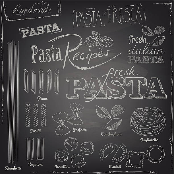 Pasta elements on a blackboard A selection of various pasta elements and typography on a blackboard pasta drawings stock illustrations