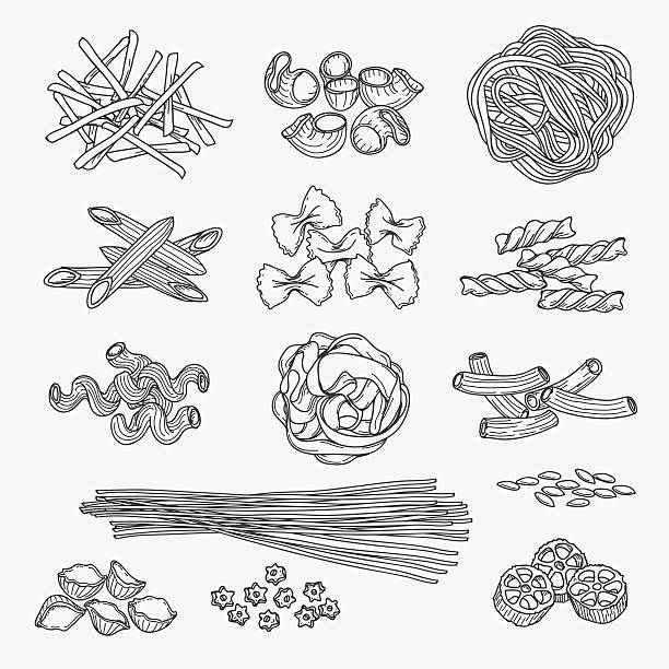 Pasta in hand drawn style Pasta in hand drawn style. Different types of pasta black line icons on white background. Vector illustration pasta stock illustrations