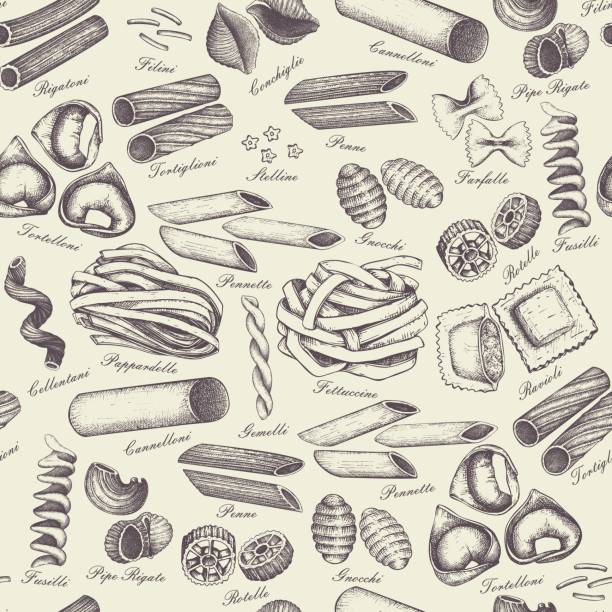 pasta seamless pattern Vector background with traditional Italian pasta sketch.   Vintage seamless pattern with hand drawn food illustrations. Cafe or restaurant menu design pasta patterns stock illustrations