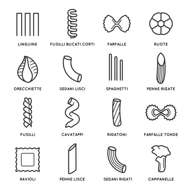 파스타 종류 아이콘 세트, 이탈리아 요리 및 요리 - pasta stock illustrations