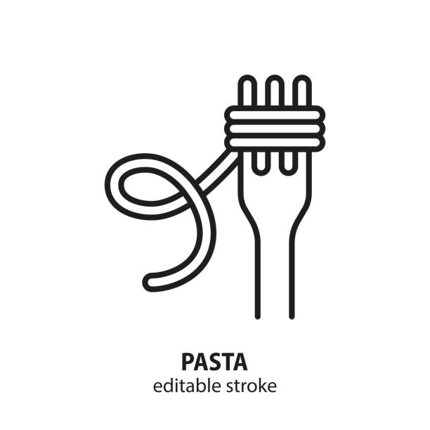 Pasta vector icon. Line sign italian pasta for web design isolated on white background. Pasta vector icon. Line sign italian pasta for web design isolated on white background. Spaghetti on a fork. Editable stroke. pasta icons stock illustrations