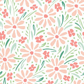 Pastel colored hand-painted daisies on white background vector seamless pattern. Delicate spring summer floral print. Perfect for textiles, stationery