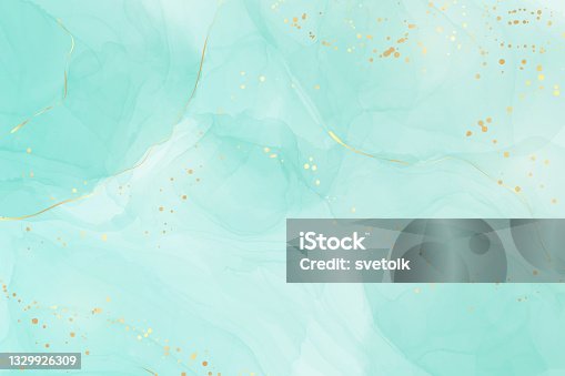 istock Pastel cyan mint liquid marble watercolor background with gold lines and brush stains. Teal turquoise marbled alcohol ink drawing effect. Vector illustration backdrop, watercolour wedding invitation 1329926309