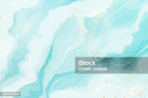 istock Pastel cyan mint liquid marble watercolor background with wavy lines and brush stains. Teal turquoise marbled alcohol ink drawing effect. Vector illustration backdrop, watercolour wedding invitation 1334701660