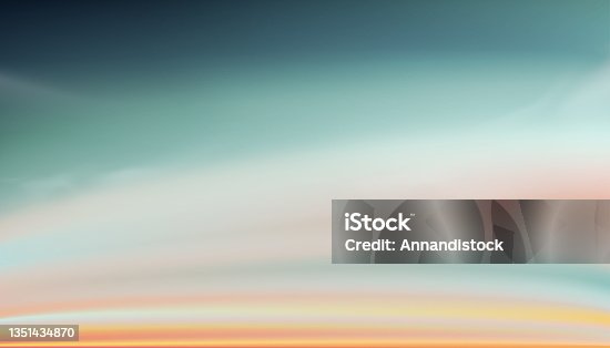 istock Pastel Sky in blue, orange, peach, light green colour Background, Dramatic twilight landscape with Sunset in evening,Vector horizon Sunrise in Morning banner of Sunlight for four season backdrop 1351434870