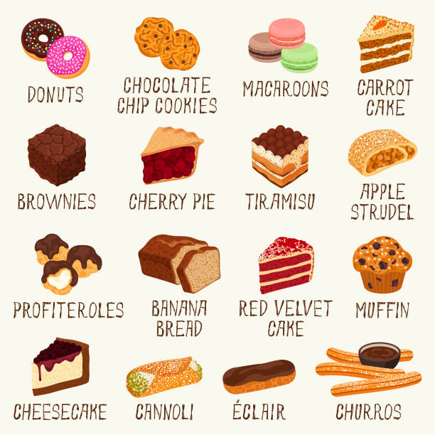 Pastries icons Desserts vector illustration set cannoli stock illustrations