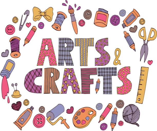 patchwork Arts and crafts lettering Bright colorful patchwork Arts and crafts text with set of doodle art icons. art and craft stock illustrations
