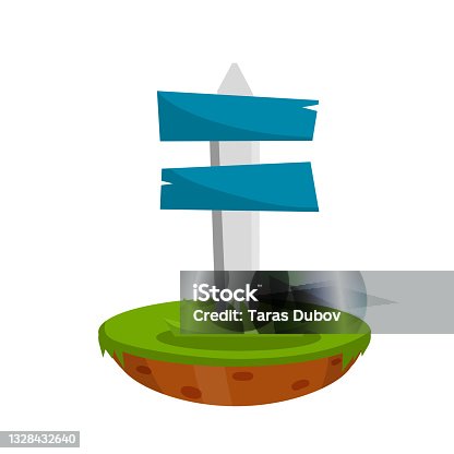 istock Path pointer with Blue plate. Route information Index. Cartoon flat illustration. Green grass. Direction way. Turn right. Element of road 1328432640