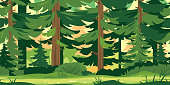 Path through the forest with big green trees game background tillable horizontally, tourist route through the dense spruce forest and bushes in summer sunny day nature illustration background