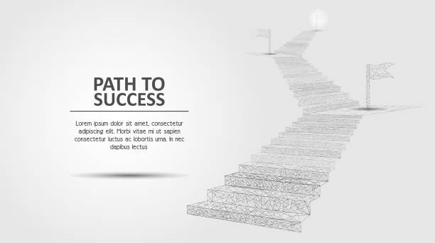 Path to success vector geometric polygonal background Vector polygonal art style stairway with flags. Low poly wireframe mesh. Path to success business concept poster banner design template with copy space. leadership drawings stock illustrations