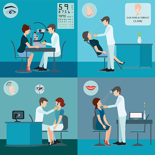 ilustraciones, imágenes clip art, dibujos animados e iconos de stock de paciente y médico conjunto. - eye doctor