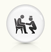 Patient and Male Nurse Icon on simple white round button. This 100% royalty free vector button is circular in shape and the icon is the primary subject of the composition. There is a slight reflection visible at the bottom.