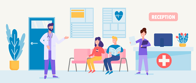 Patient Care and clinical services. Illustration of medical care with characters of certified doctors, nurses in a hospital reception.