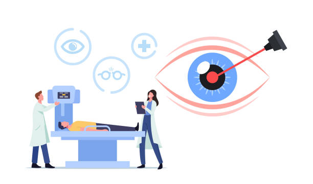 ilustraciones, imágenes clip art, dibujos animados e iconos de stock de carácter del paciente con enfermedad ocular aplicando corrección láser, cirugía de oftalmología en el hospital, tecnologías innovadoras - eye doctor