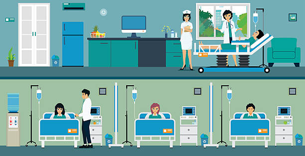 Patient room Patients in a hospital room with a great room and a common room. inpatient stock illustrations
