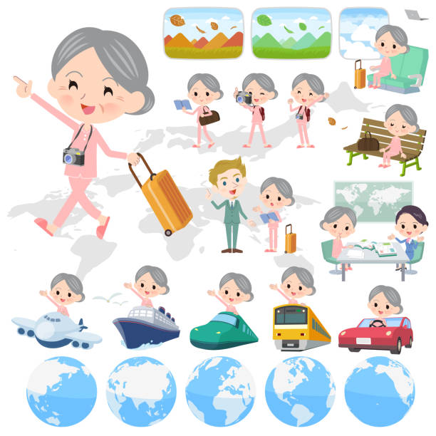 patient senior women_travel A set of senior women on travel.There are also vehicles such as boats and airplanes.It's vector art so it's easy to edit. nurse talking to camera stock illustrations