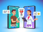 Patient talking to doctor using cell phone video call over his heartbeat rate data collected via smart watch app technology. Modern medical consultation, health care concept. Flat style vector isolated illustration
