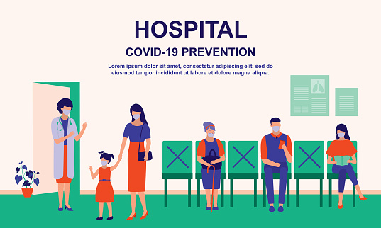 Patient Visiting Doctor At The Hospital While Maintaining Social Distancing. Healthcare, Covid-19 Social Distancing And Coronavirus Outbreak Prevention Concept. Vector Flat Cartoon Illustration.