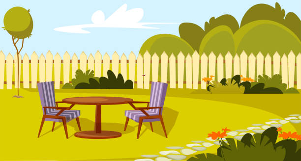 Patio area flat vector illustration Patio area flat vector illustration. House backyard with green grass lawn, trees and bushes. Cartoon table and chairs garden modern furniture. Outdoor furnished yard for BBQ summer parties garden stock illustrations